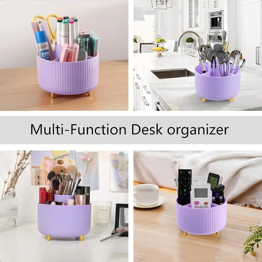 Purple Desk Accessories Set – 360° Pen Holder & Tape Dispenser with Stapler