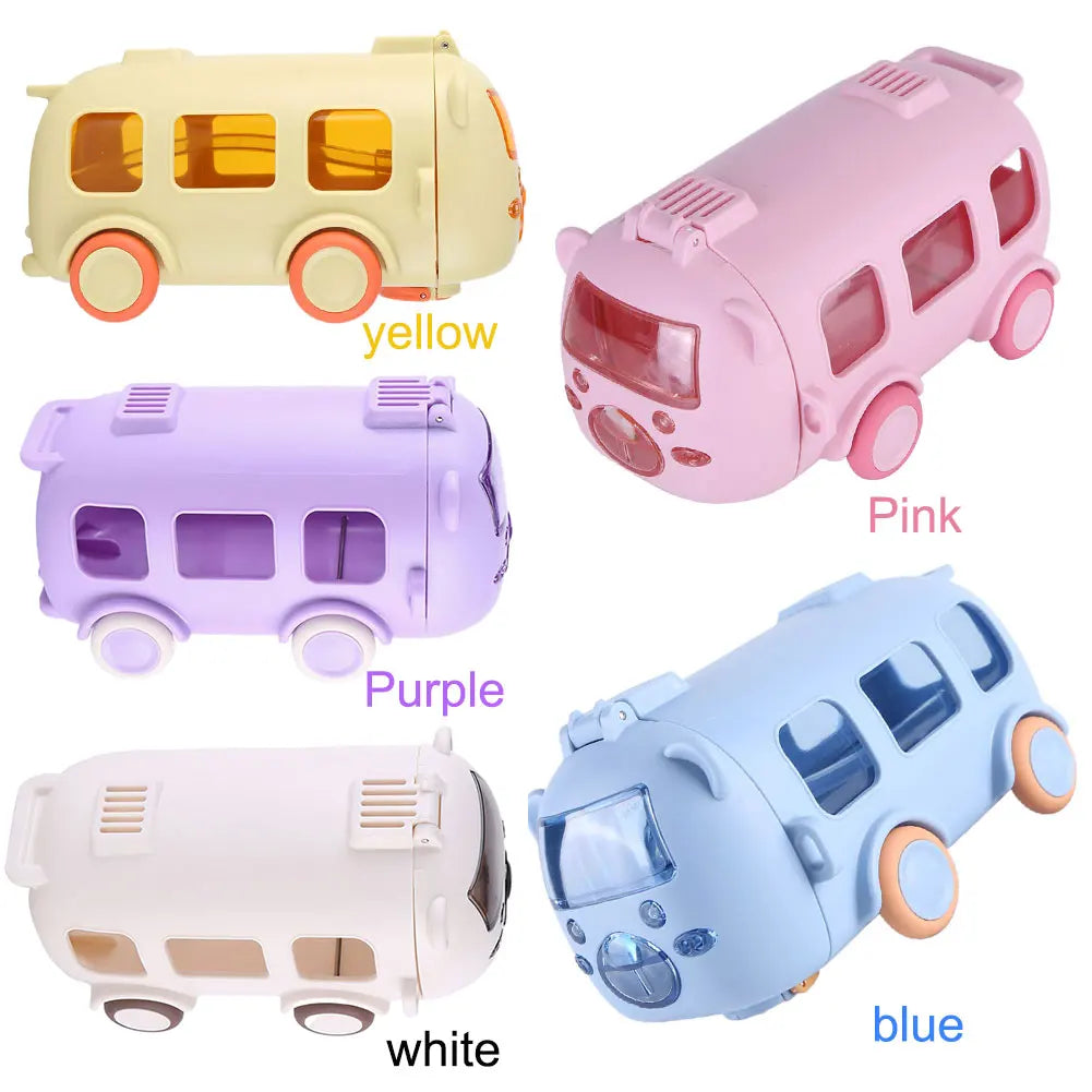 Bus-Shaped Cartoon Water Bottle – 500 ml Leakproof Kids Drinking Bottle with Movable Wheels & Strap