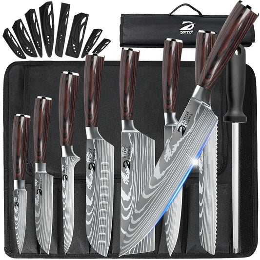 8‑Piece Damascus Stainless Steel Knife Set with Bag – Utility, Boning, Chef & Santoku Knives, Nylon Case Included 🔪