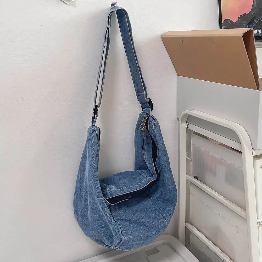Unisex Denim Hobo Sling Bag – Adjustable Strap, Large-Capacity Daily Shoulder & Crossbody Bag