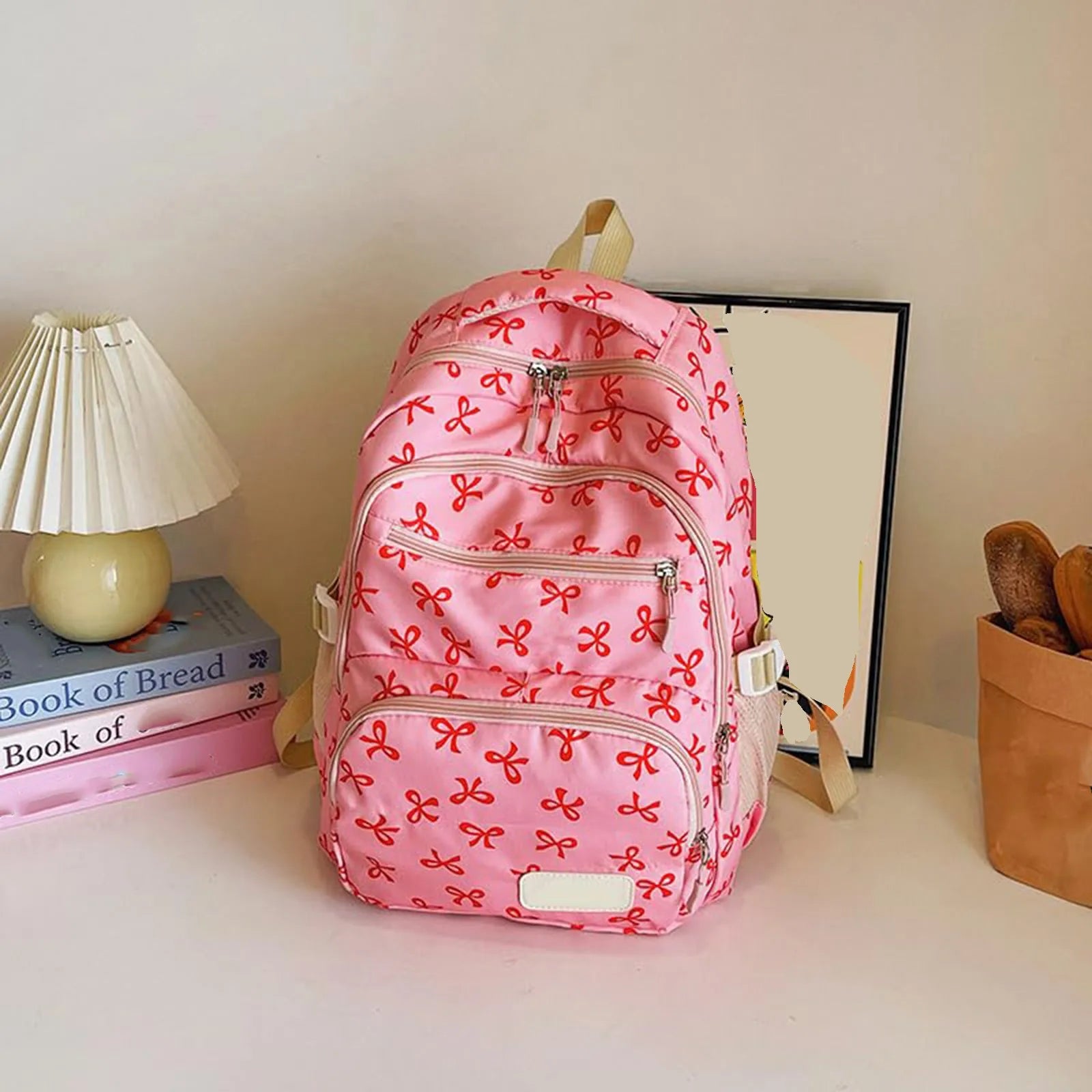 Korean Fashion Bow-Print Backpack Set — Lightweight 3-Piece Student Schoolbag for Girls