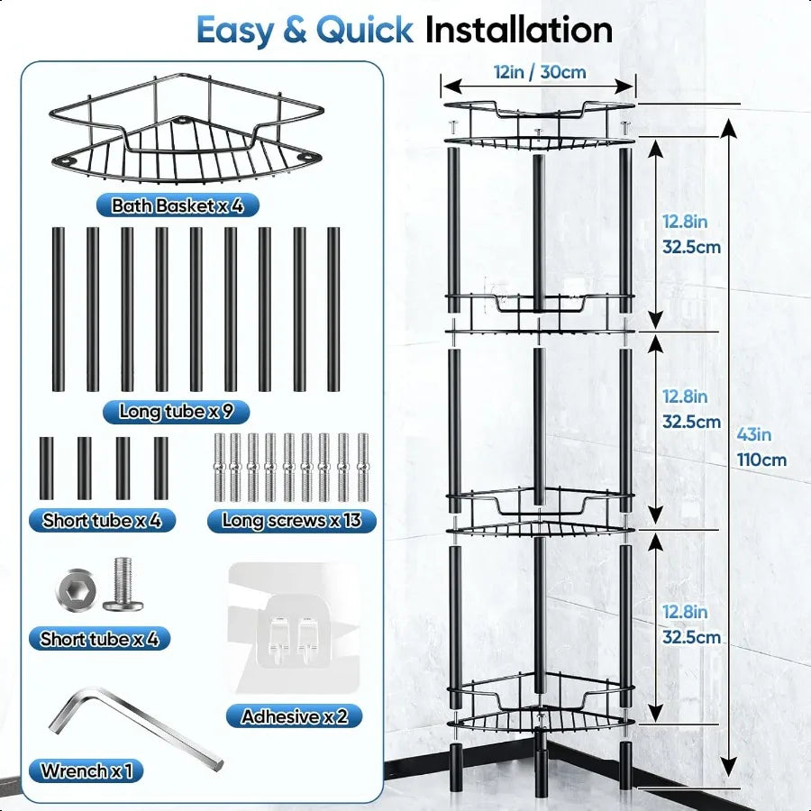4-Tier Stainless Steel Corner Shower Caddy with Shelves – Floor-Standing Bathroom Storage Rack
