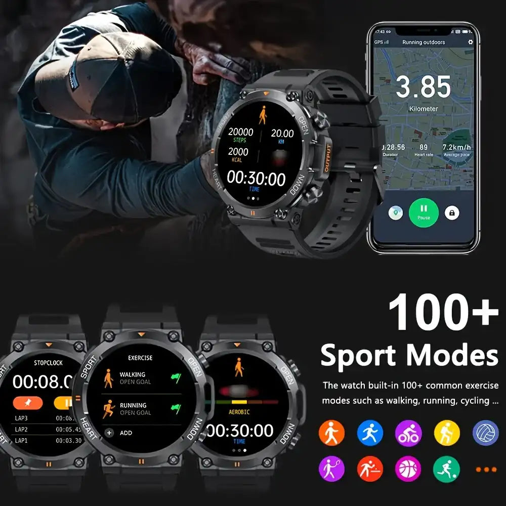 Rugged Military Smart Watch for Men – 100+ Sport Modes, Bluetooth Calling & Ultra-Long Battery Life 💥⌚