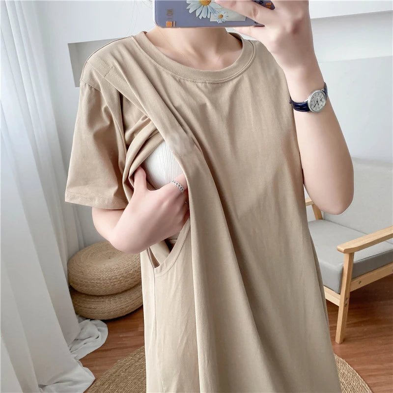 Women’s Cotton Maternity Dress – Pure Color Long Skirt with Nursing Access, Short Sleeve Pregnancy & Breastfeeding Clothes