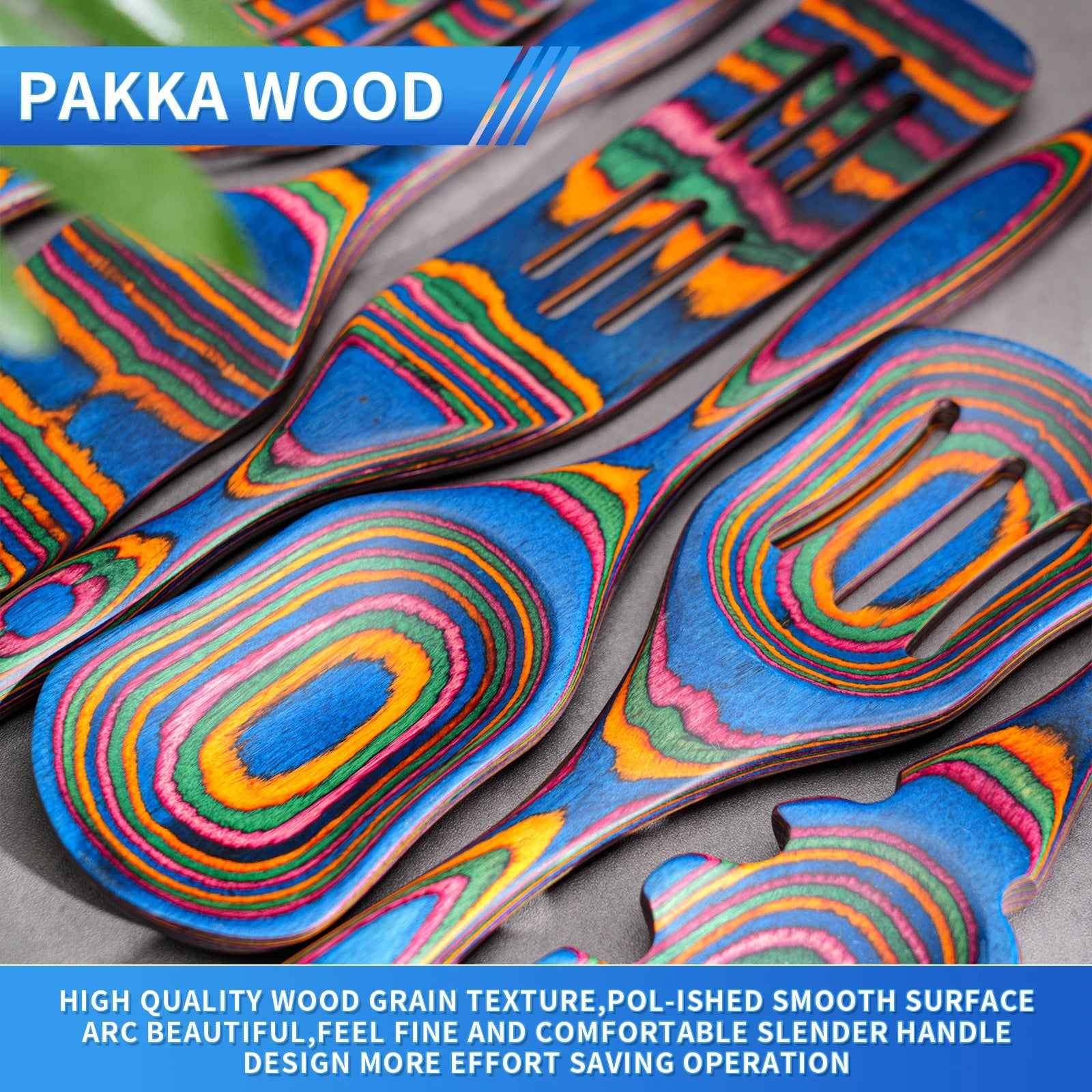 7-Piece Blue Pakkawood Cooking Utensils Set – Wooden Spoons & Spatulas for Cooking, Serving and Stirring