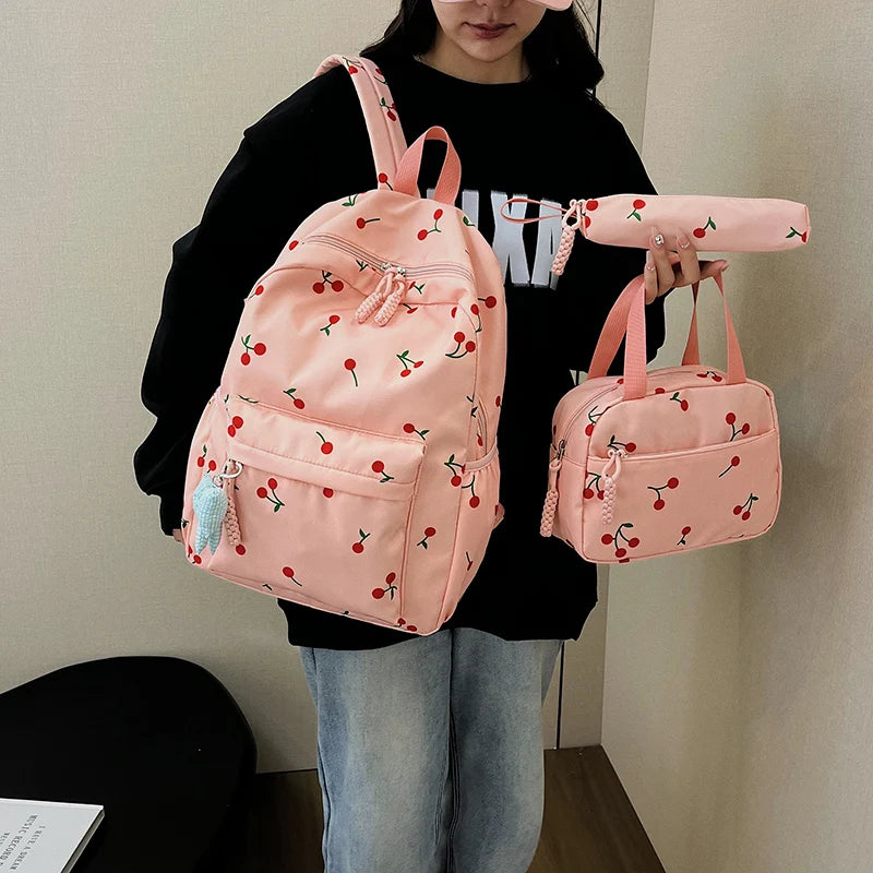 Kawaii 3-Piece School Backpack Set — Cherry Printed Large-Capacity Nylon Outdoor Bag for Girls & Teens