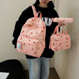 Kawaii 3-Piece School Backpack Set — Cherry Printed Large-Capacity Nylon Outdoor Bag for Girls & Teens