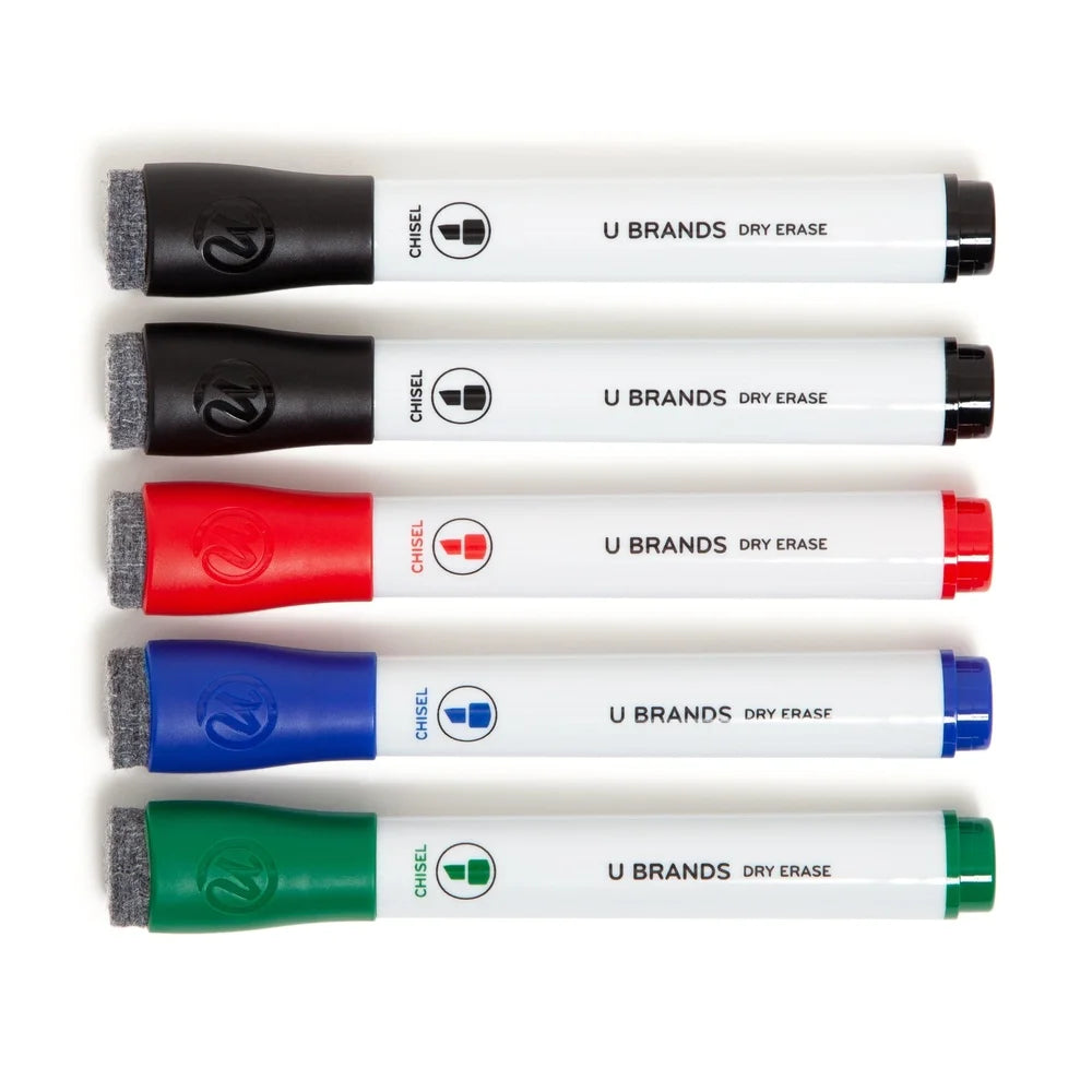 Dry Erase Markers Set of 5 with Built-In Erasers, Low-Odor Chisel Tip for Office & School
