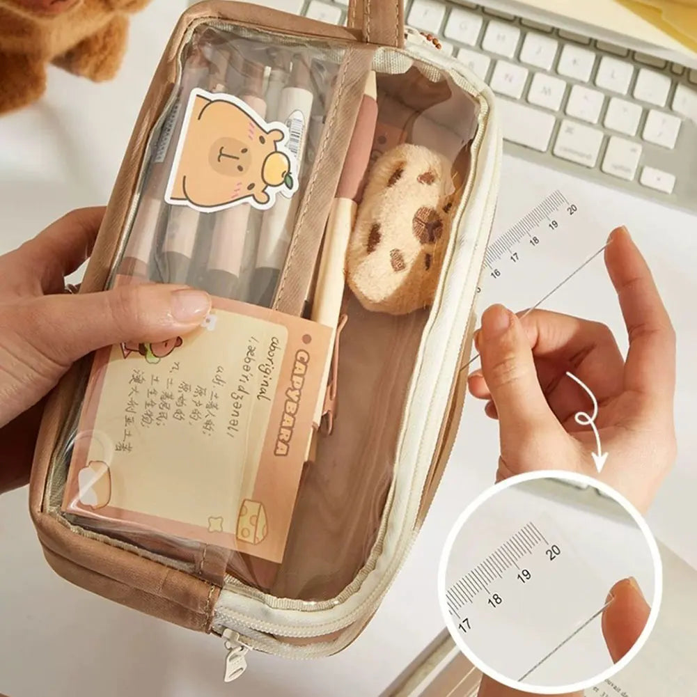 Sweet Capybara Pencil Case with Compartments – Clear Cartoon Stationery Pouch with Sticker Pendant