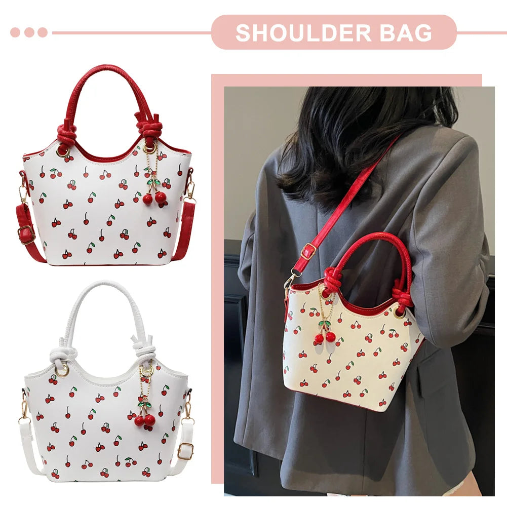 Women’s PU Leather Bucket Shoulder Bag – Cherry Print Crossbody with Adjustable Strap & Top Handle, Trendy Fashion Handbag