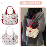 Women’s PU Leather Bucket Shoulder Bag – Cherry Print Crossbody with Adjustable Strap & Top Handle, Trendy Fashion Handbag