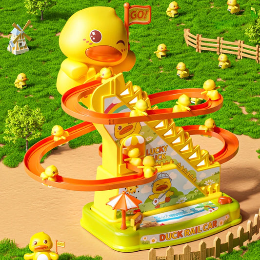 Duck Stairs Climbing Toy – Electric Track Slide with Flashing Lights & Music, Roller Coaster Duck Toy Gift for Kids & Toddlers