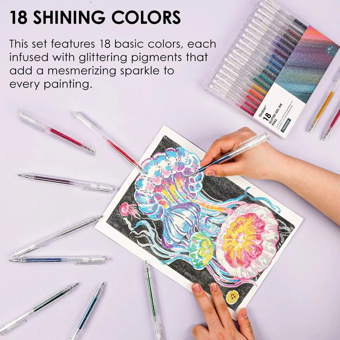 Glitter Gel Pens Set (18 Colors) – Metallic Sparkle Retractable Pens for Coloring & Creative Writing