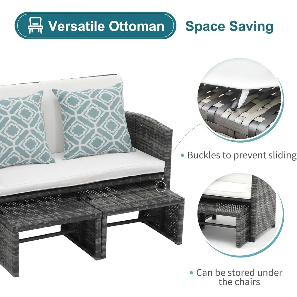 3-Piece Casual Patio Furniture Set – Gray Rattan Loveseat with Ottomans & White Cushions | Outdoor Wicker Conversation Set for Porch & Garden