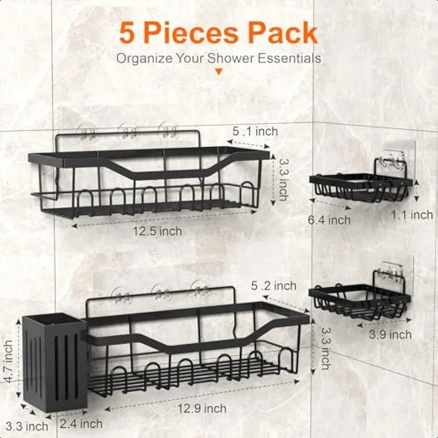 5-Pack No-Drill Shower Caddy Set – Large Capacity Rust-Proof Wall-Mounted Organizer Black