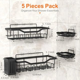 5-Pack No-Drill Shower Caddy Set – Large Capacity Rust-Proof Wall-Mounted Organizer Black