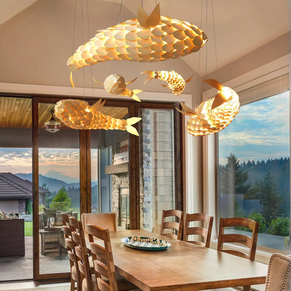 Luvodi 2PCS Large Fish-Shaped Wooden Weaving Chandeliers – Artistic Ceiling Lights for Home & Restaurant 🐟✨