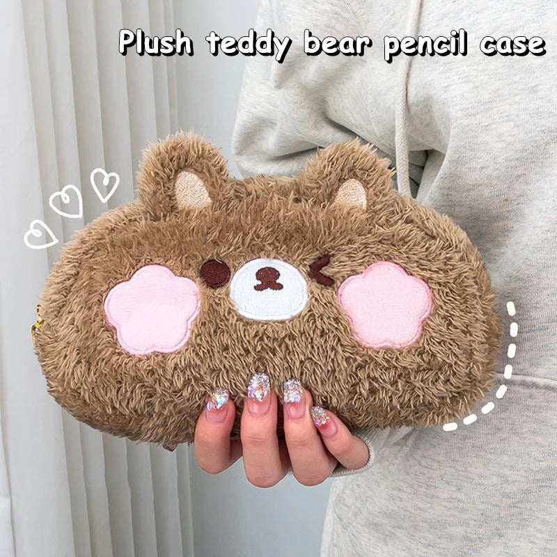 Adorable Cartoon Bear Plush Pencil Case – Large Capacity Stationery & Makeup Organizer