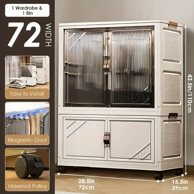 Multi-Layer Folding Storage Cabinet with Wheels – Large Capacity Rolling Organizer Wardrobe