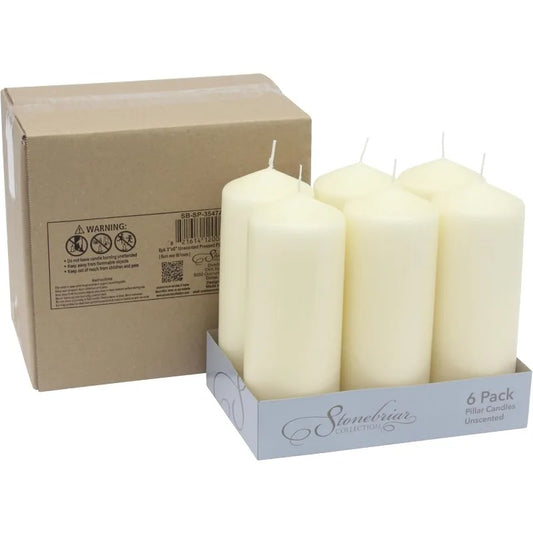 80-Hour Long Burning Unscented Pillar Candles (3x8, Ivory, 6-Pack) – Clean, Smokeless & Dripless Candles for Home & Events