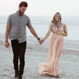 Ruffled Maternity Gown with Short Sleeve – Formal Solid Dress for Pregnancy Photo Shoot & Wedding