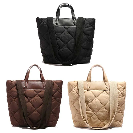 Women’s nylon puffer tote bag – quilted solid color large-capacity shoulder handbag, lightweight satchel purse for work & travel