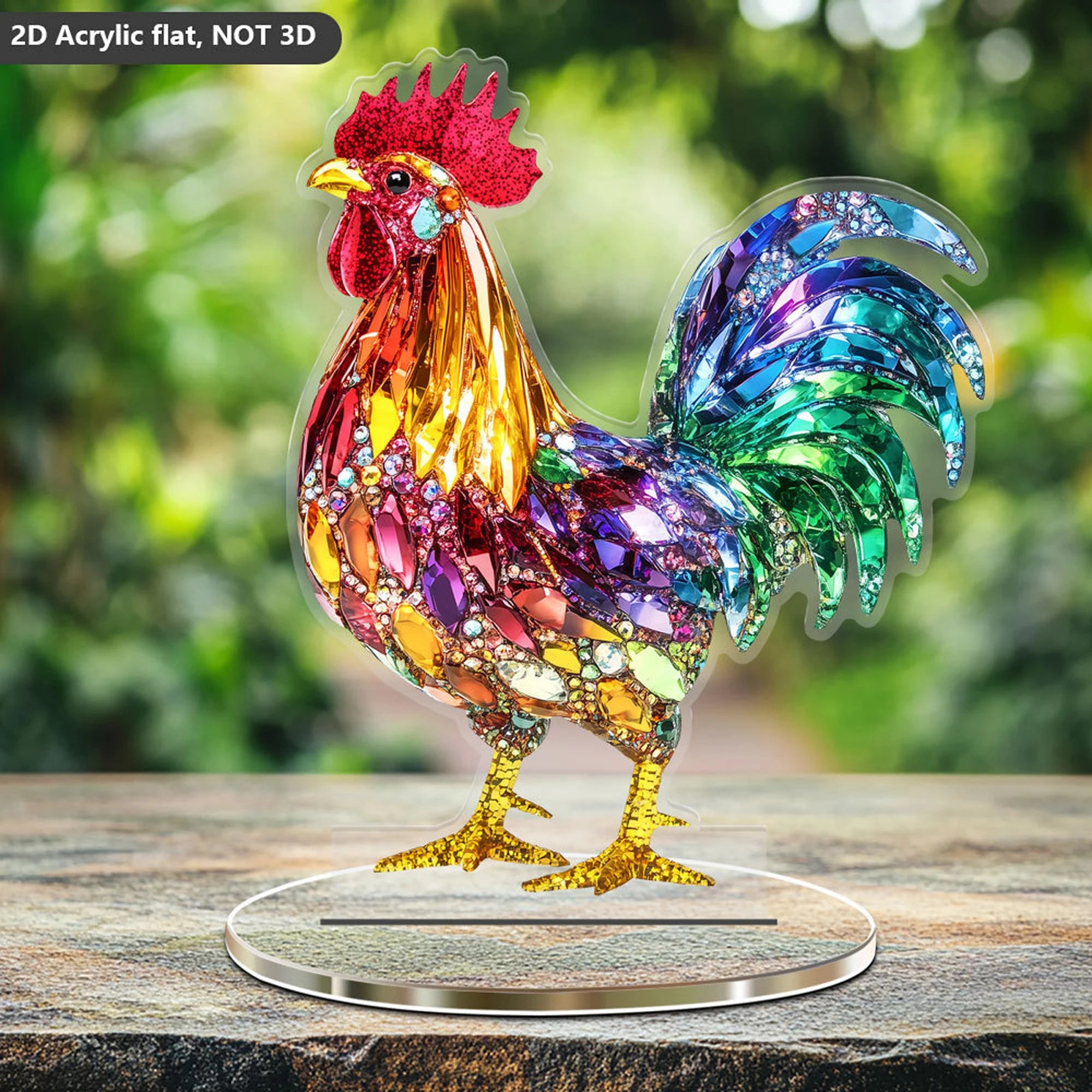 Colorful Acrylic Animal Figurines – 2D Flat Owl & Rooster Decorative Plaques with Base Stand | Modern Tabletop Décor