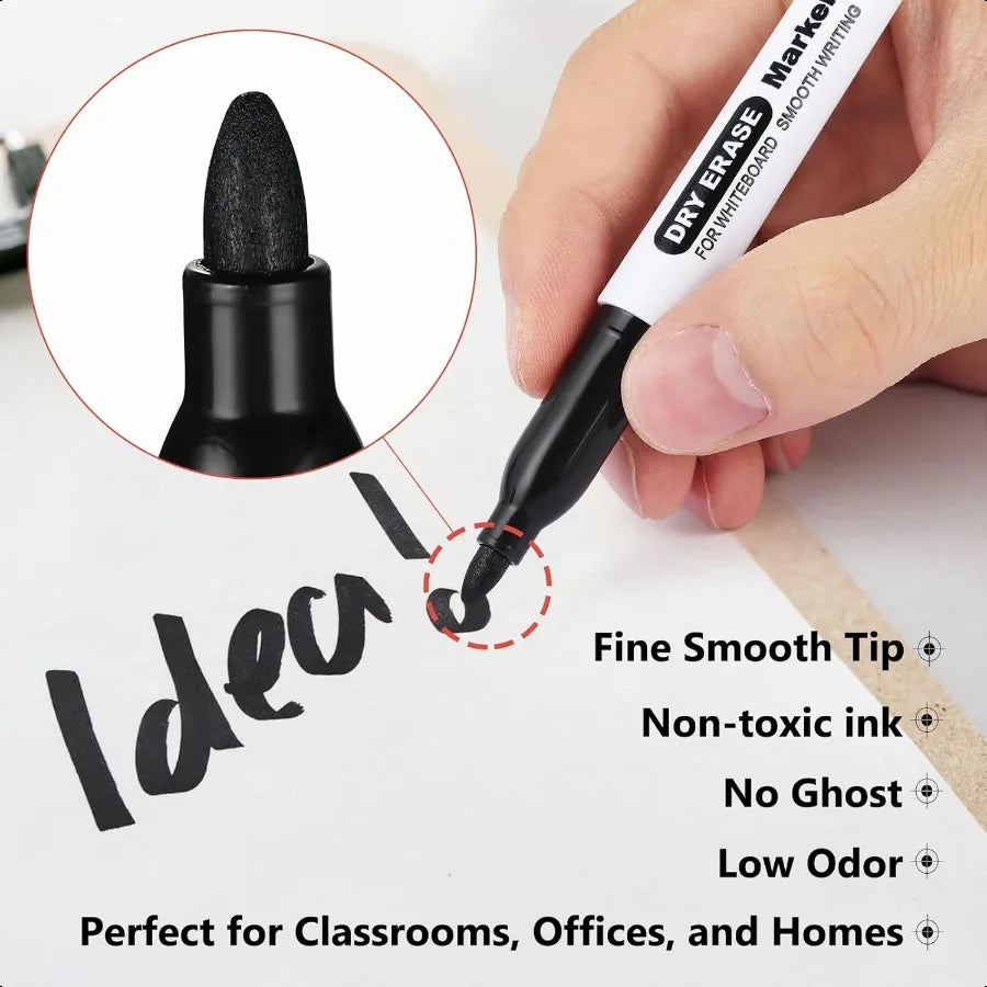 Fine Tip Dry Erase Markers – Black Whiteboard Erasable Pens, Precision Writing (24-Pack)