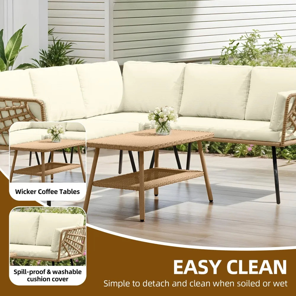 4-Piece L-Shaped Rattan Wicker Patio Furniture Set – Modern Sectional Outdoor Conversation Sofa