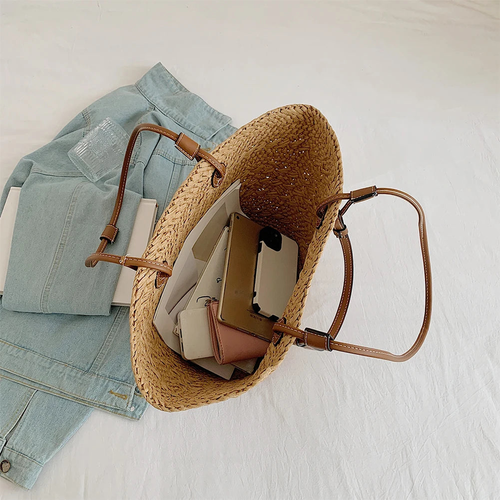 Women Woven Tote Bag – Large Capacity Wicker Beach Shoulder Bag for Summer Travel & Casual Chic