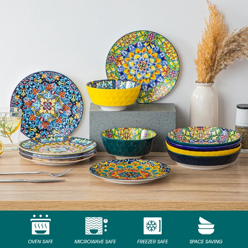Bohemia Retro Ceramic Dinnerware Set – MALACASA, Vibrant Design (12 / 16 / 24-Piece)