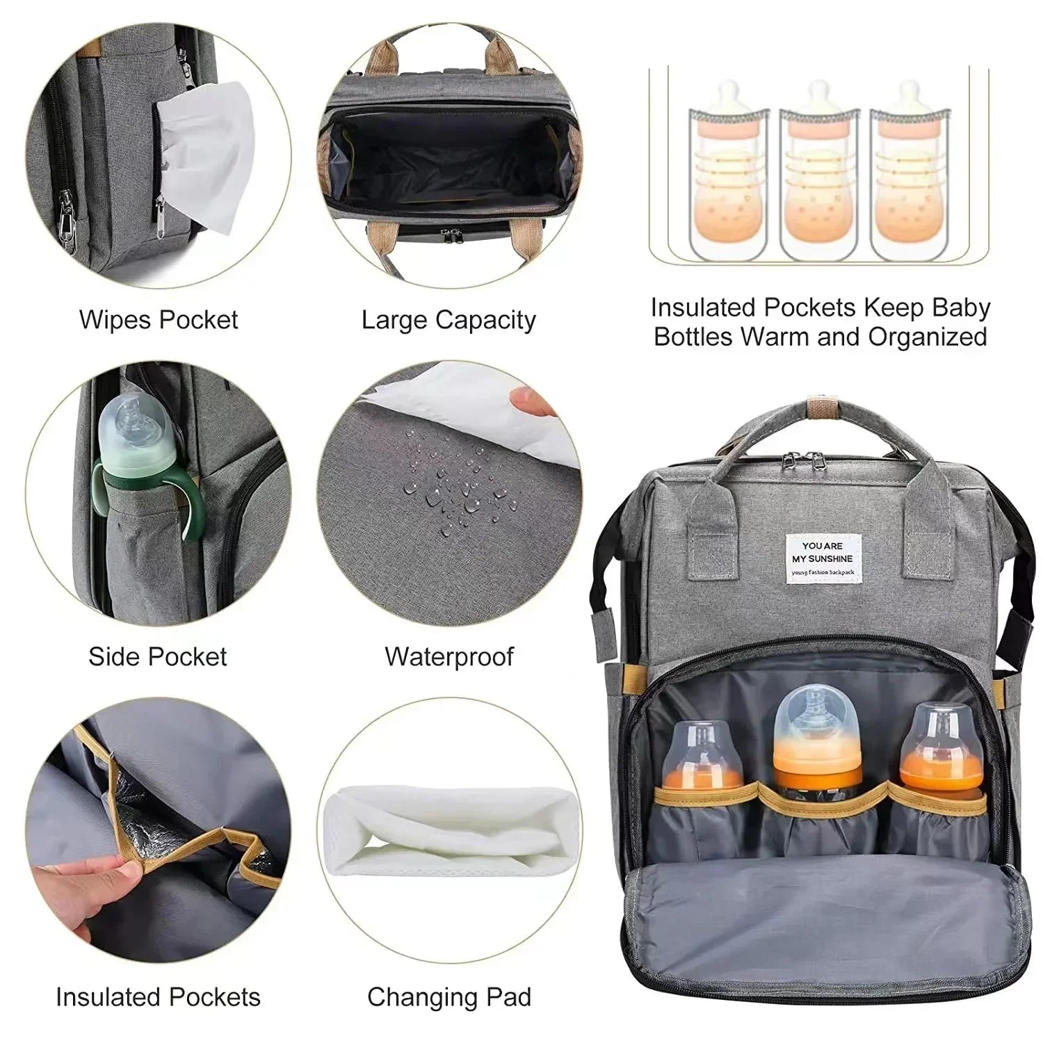 Foldable Bed Diaper Bag with Changing Station, Insulated Pocket & Large-Capacity Double-Shoulder Mommy Bag