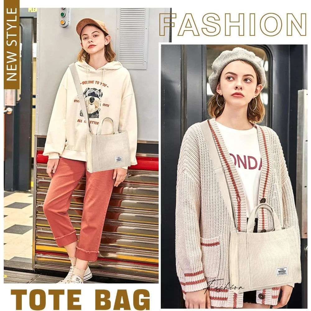 Corduroy Tote Bag for Women – Small Satchel Mini Tote Crossbody Handbag for School, Work & Travel