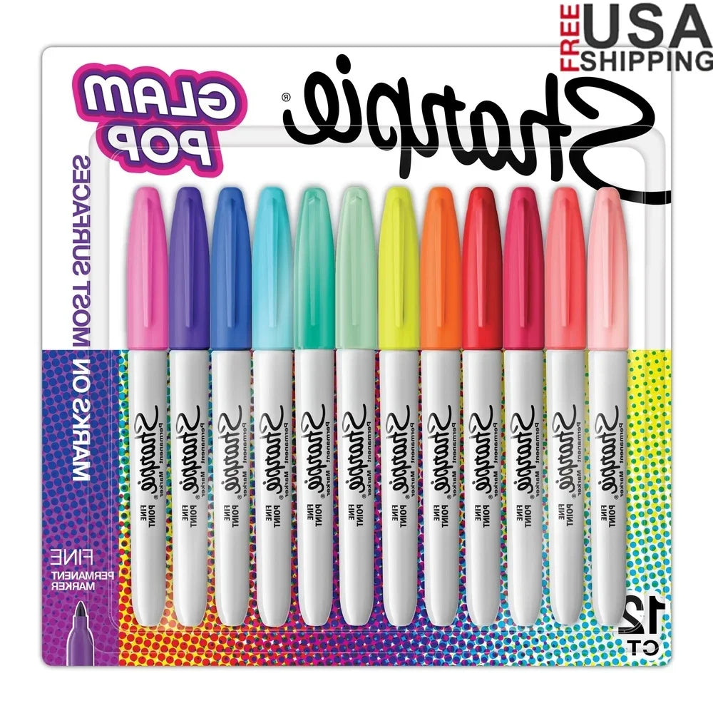 Glam Pop Permanent Markers Fine Point Set – 12 Assorted Colors, Quick-Dry & Waterproof