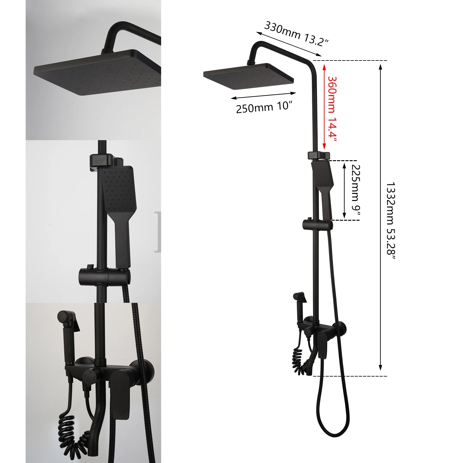 Zappo Matte Black 3-Way Wall-Mounted Rainfall Shower System – Shelf & Bathtub Mixer Included