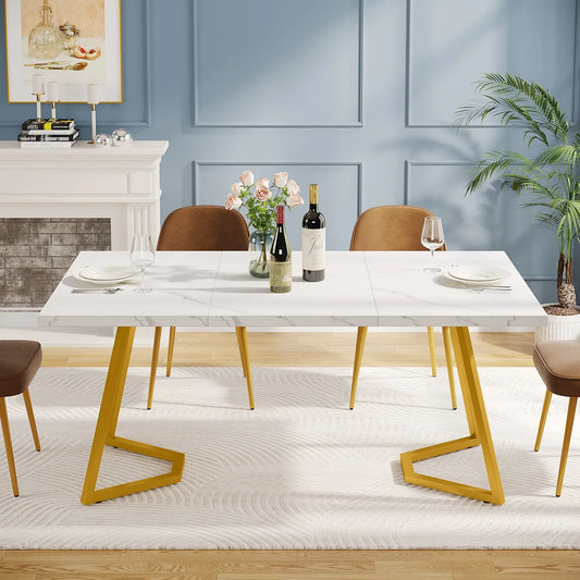Tribesigns 55" Gold Dining Table – Modern White Faux Marble Top with Golden Metal Legs | Elegant Dining Room Table for 6