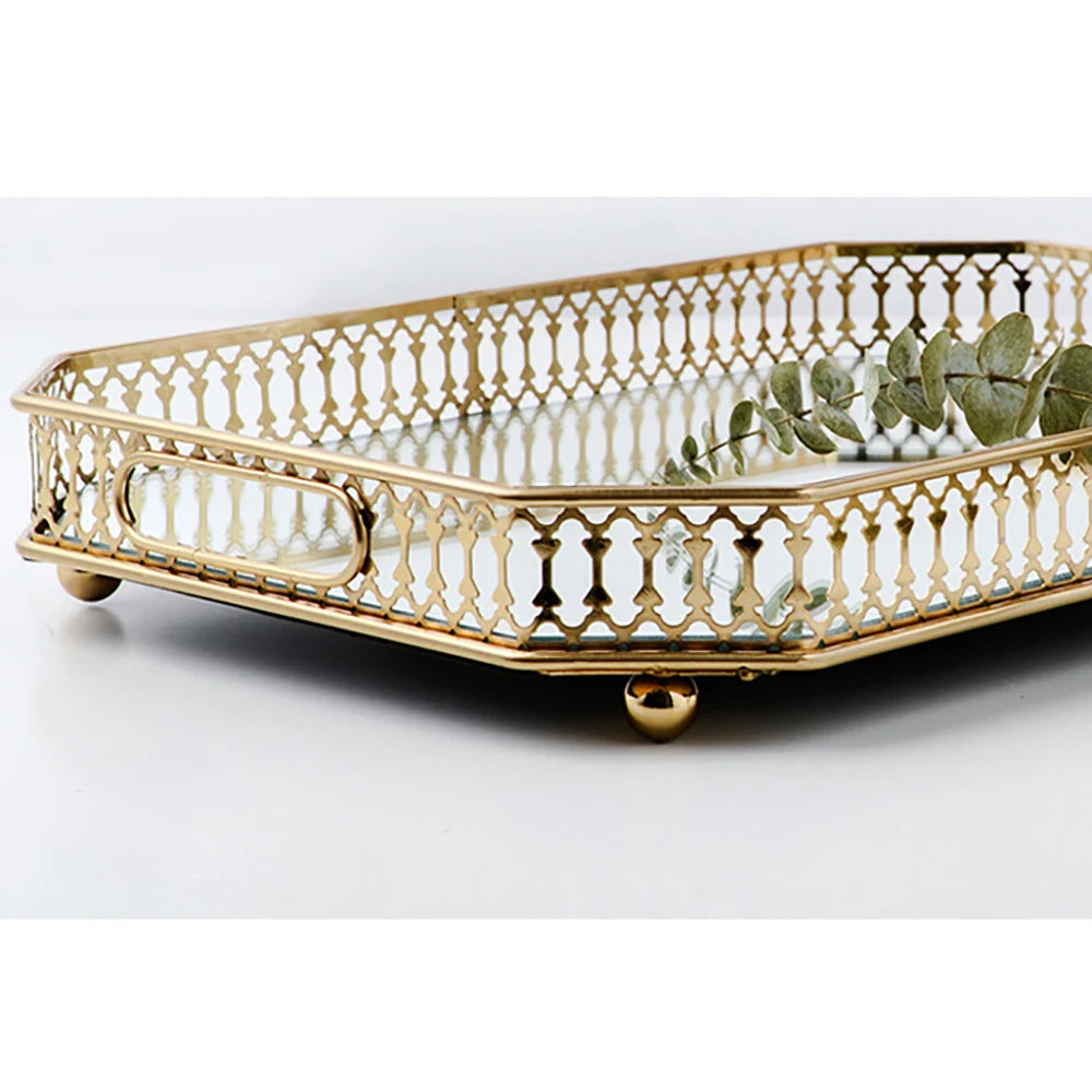 Decorative Metal & Glass Tray – Vintage Mirrored Storage Tray for Jewelry, Perfume & Home Décor