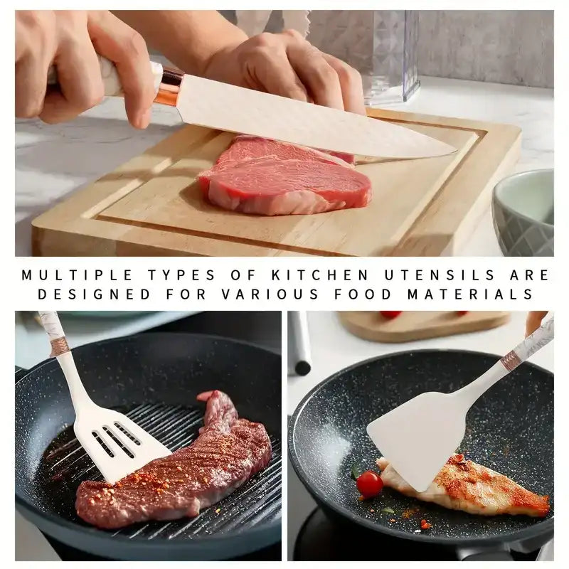 16-Piece Stainless Steel Kitchen Knife & Silicone Kitchenware Set – Bread Knife, Scissors, Peeler & Tool Res