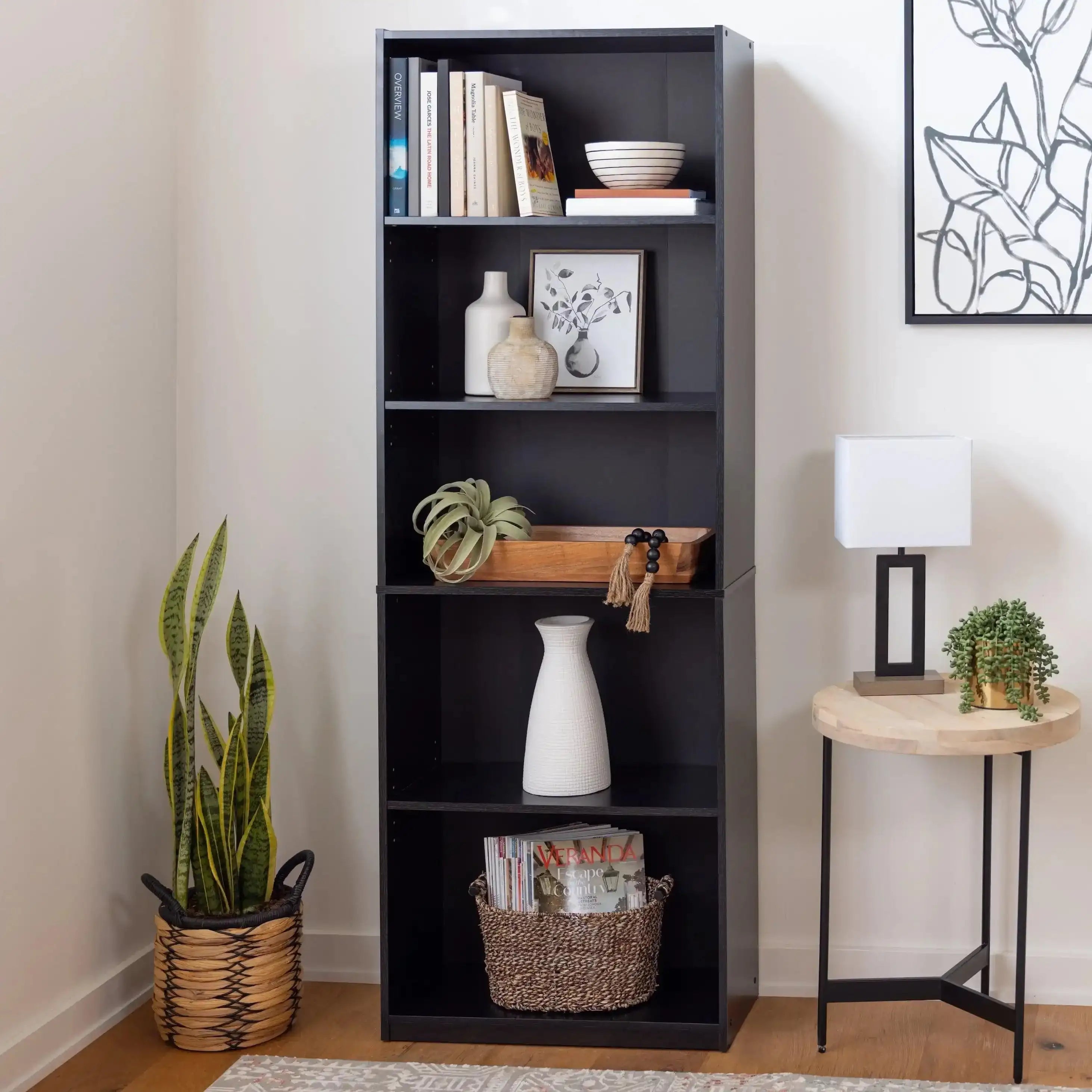5-Shelf Bookcase with Adjustable Shelves, True Black Oak - PulinGO