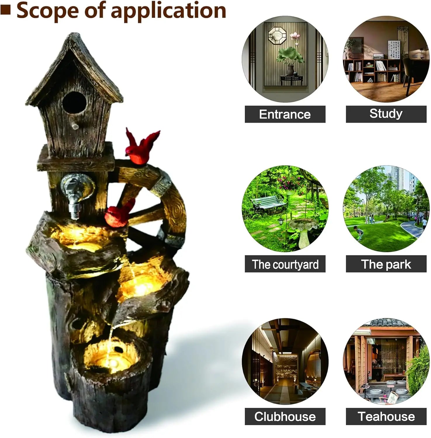 Decorative Garden Birdhouse Three-Tier Water Fountain – Outdoor LED Lighted Fountain with Water Wheel | Elegant Yard & Patio Décor