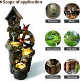 Decorative Garden Birdhouse Three-Tier Water Fountain – Outdoor LED Lighted Fountain with Water Wheel | Elegant Yard & Patio Décor
