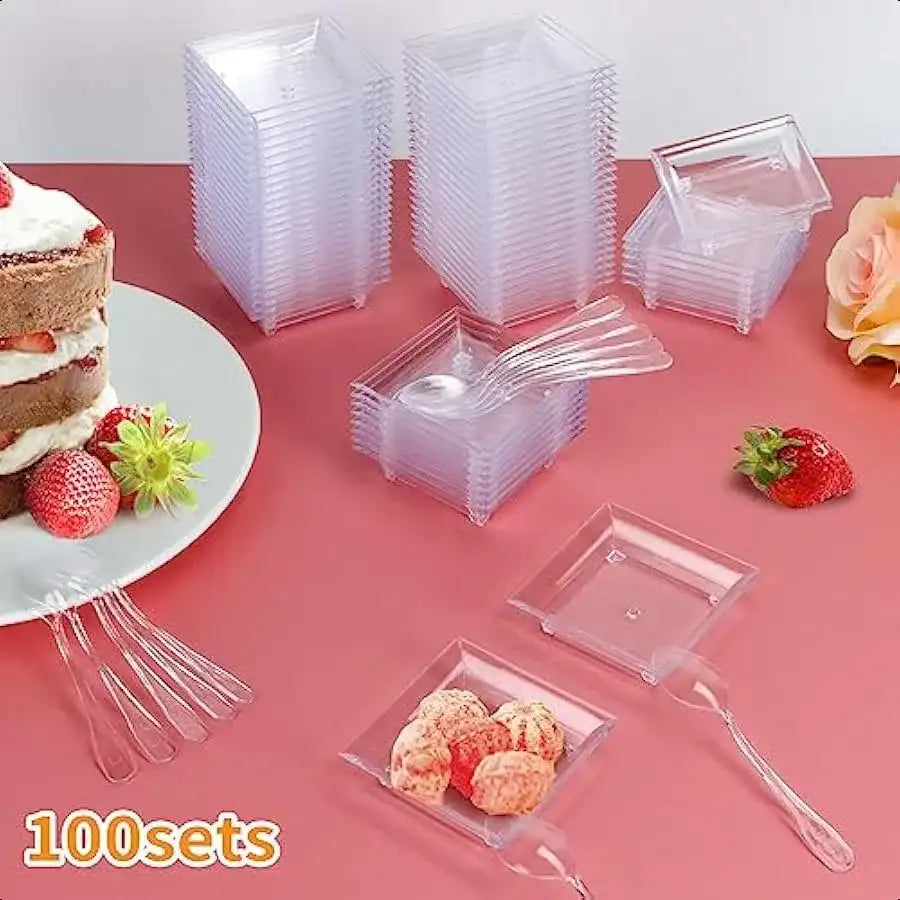 100 Set Mini Disposable Dessert Plates with Tasting Spoons – Clear Plastic Tray for Sauces, Dessert, Fruit & Appetizers