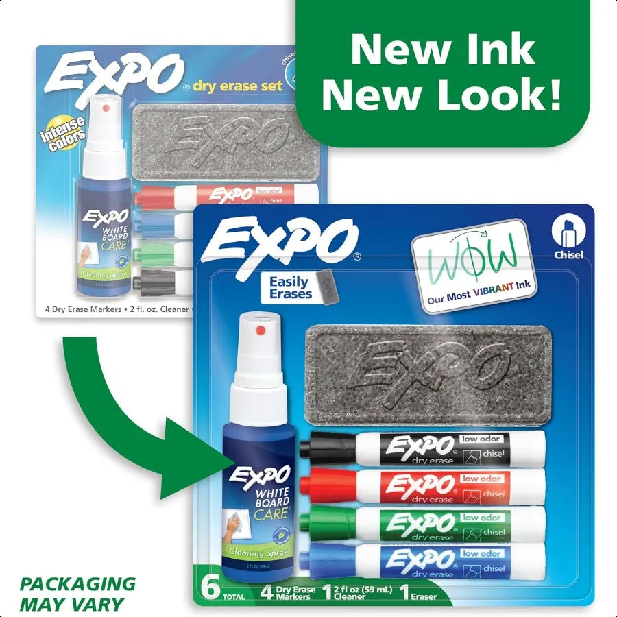 Dry Erase Markers Kit – Chisel Tip Whiteboard Markers with Eraser & Cleaner Spray (6 Colors)