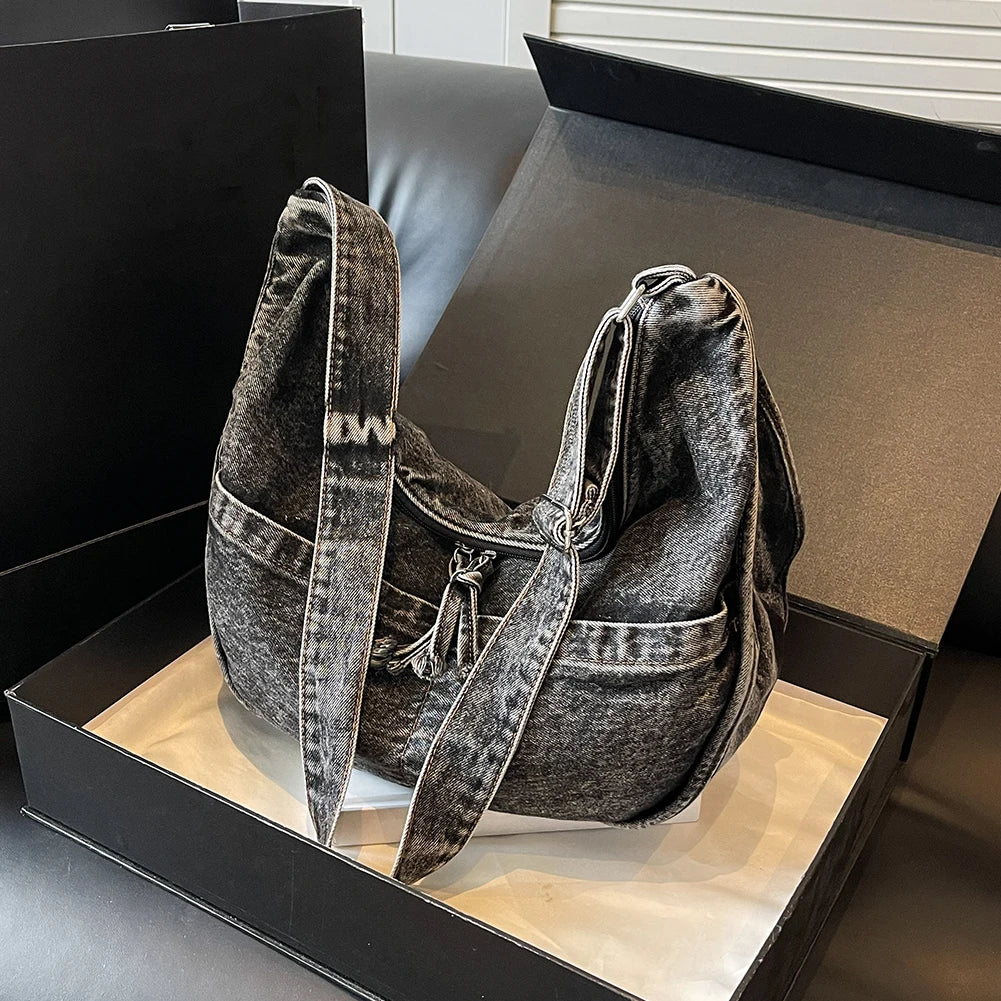 Denim Crescent Shoulder & Crossbody Bag for Women – Vintage Jean Tote Style for Work, Shopping & Travel