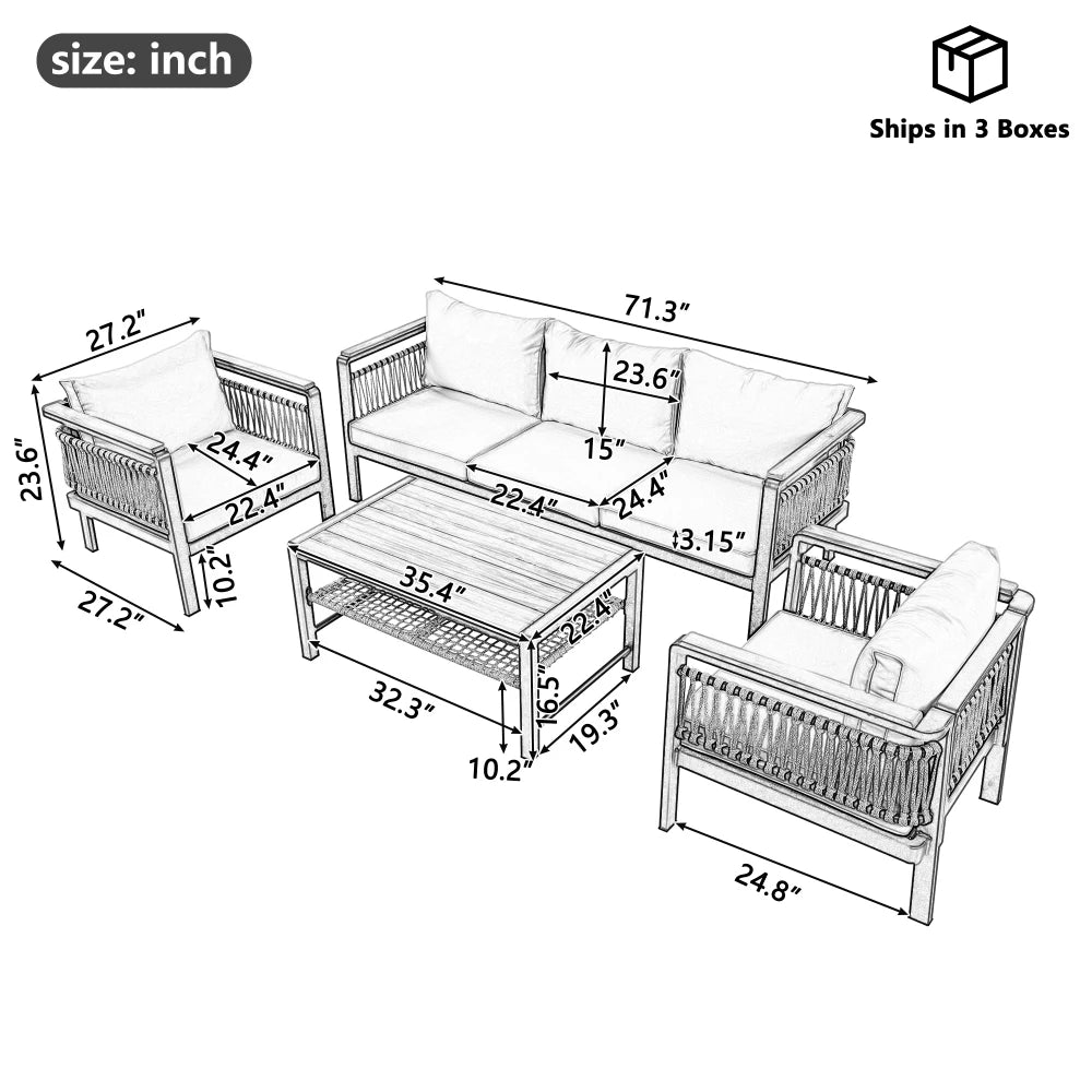 4-Piece Outdoor Sectional Sofa Set – Patio Conversation Set for 5 with Coffee Table