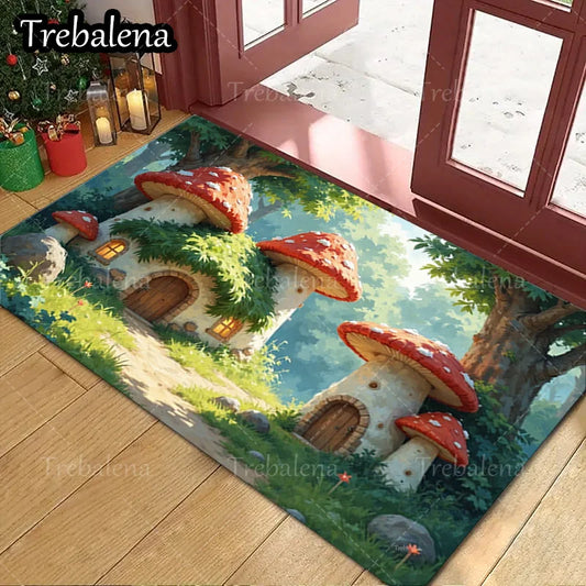 Welcome Door Mat – Mushroom House Charm Print Doormat for Indoor & Outdoor Entryway