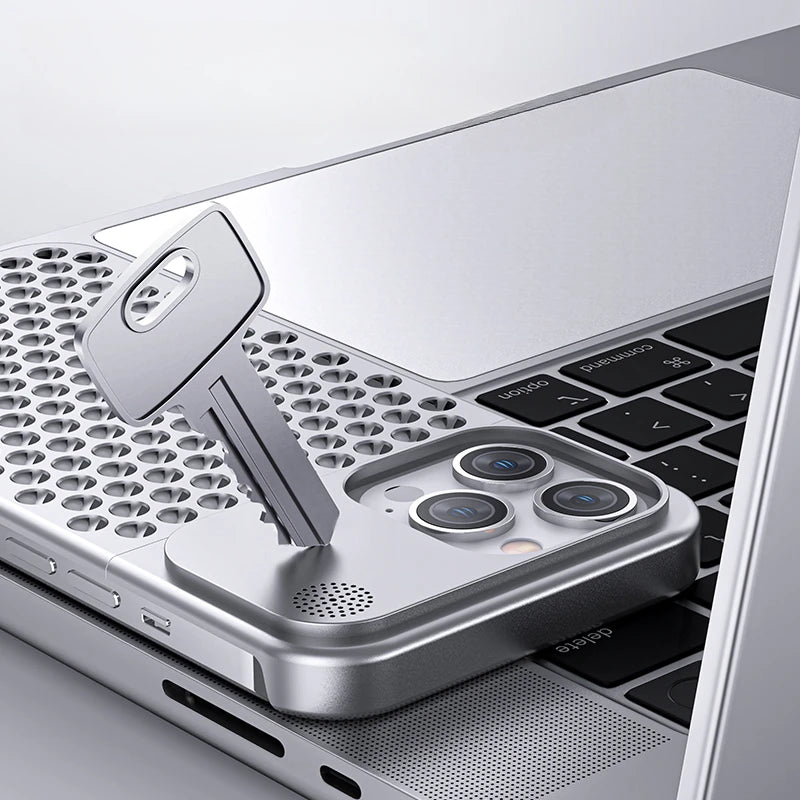 Aluminum Alloy Cooling Hollow Metal Case – Aromatherapy Shockproof Rimless Cover for iPhone 12/13/14/15 Pro Max & Plus