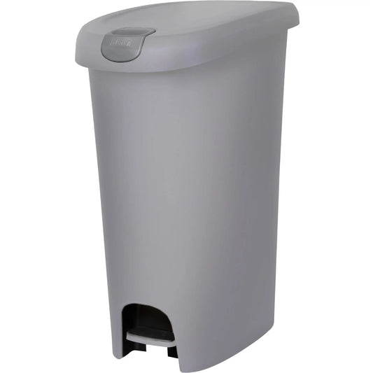 12-Gallon Slim Plastic Step-On Trash Can with Lock Lid – Gray Kitchen Bin