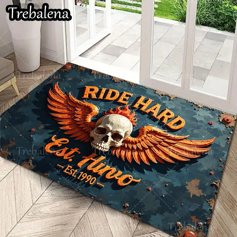 Ride Hard Skull Wings Welcome Doormat – Vintage Biker Home Entry Rug (Indoor/Outdoor Use)