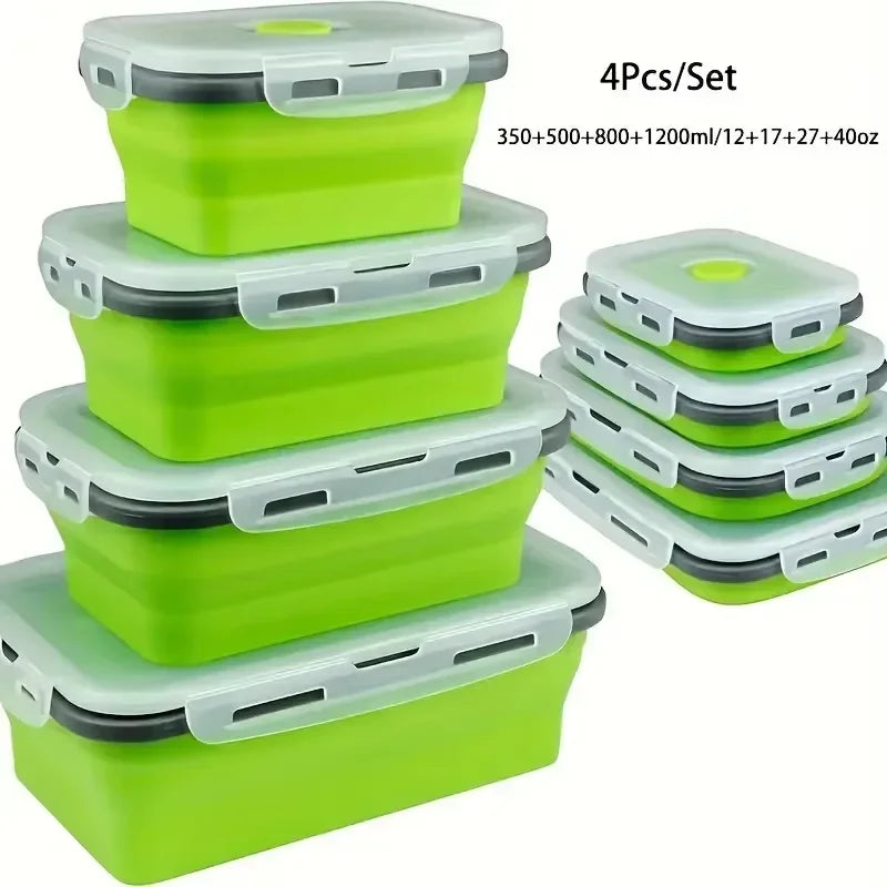 4-Pack Silicone Collapsible Lunch & Food Storage Boxes – Flat Stack Design with Lids, BPA-Free
